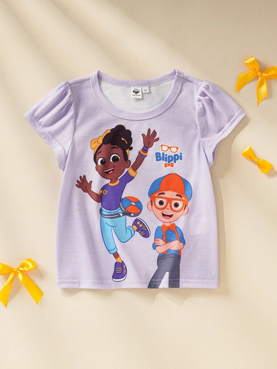 Blippi X SHEIN Young Girls Cartoon Print Cap Sleeve T-Shirt - Purple - View 1