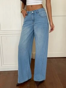 Siren Gaze Jeans Denim Kasual Harian untuk Wanita dengan Saku dan Kancing - Biru - View 4