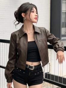 DAZY 秋冬復古棕色街頭寬鬆休閒短版PU皮革機車夾克女款上衣 Y2K - 棕色 - 查看 5