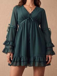 CielaLinda Gaun Mini Boho Biru Tosca Wanita, Gaun Chiffon Lengan Panjang dengan Pita, Gaun Lengan Berenda dan Ruffle - Teal Blue - View 7