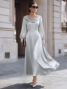 Vavine Women's Elegant Silver Satin Dress For Autumn, Summer Evening Gown, Ruched Waist Smooth Fabric, Pearl Button Decor, Graduation Party Dress, Women's Gold Satin Cowl Neck Top, Elegant Autumn Party Evening Dress, Long Sleeve Silky Dress, Slimming Dress, Fashionable Work Dress, Wedding Guest Dress - Grey - View 4