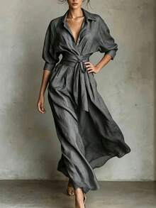 SHEIN 女款極簡休閒日常夏季襯衫洋裝 - 深灰色 - 查看 3