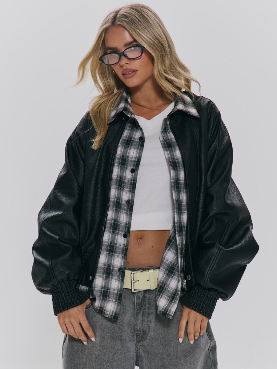 MUSERA Ribbed Crewneck Collar Faux Leather Hidden Zip Front Oversized Bomber Style Jacket Fall Autumn Winter Daily Everyday Outerwear - Black - View 1