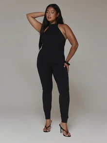 MUSERA Plus Size Black Highneck Bodycon Unitard Jumpsuit Spring Summer Casual Everyday Day Outfit Going Out - Black - View 2