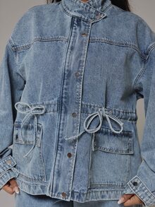 MUSERA Plus Size Blue Denim Funnel Neck Lace Detail Jacket Spring Summer Casual Everyday Day Outfit Going Out - Blue - View 6