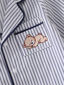 1件裝新生兒男嬰棉混紡卡其色直條紋連身衣，胸前口袋、可愛熊印花、深卡其對比滾邊、翻領、長袖長褲爬行服居家服 - 藏蓝色 - 查看 5
