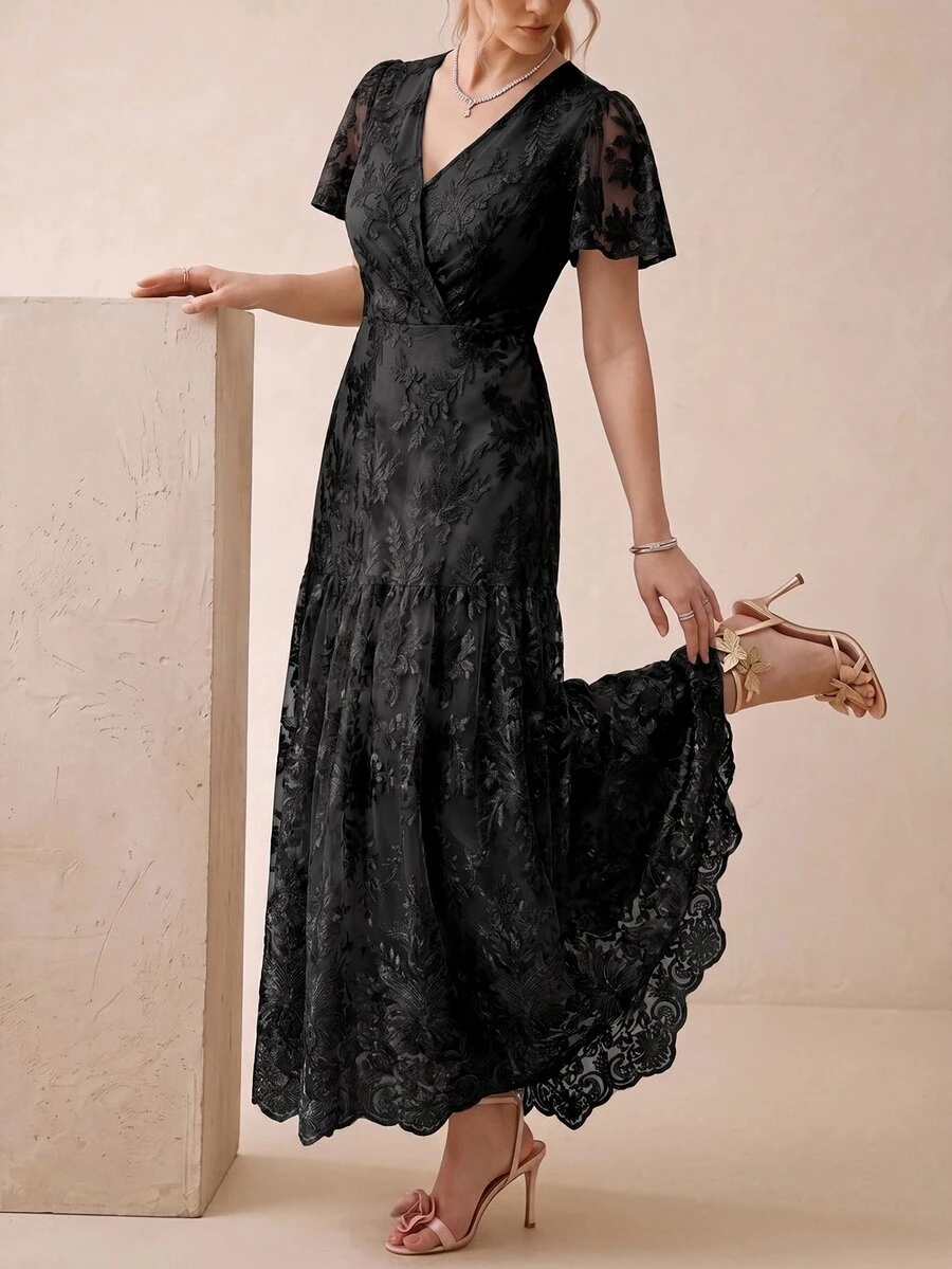 Amorya Women's Luxury Sweet Lace V-Neck Pleated Evening Dress - Black - View 1