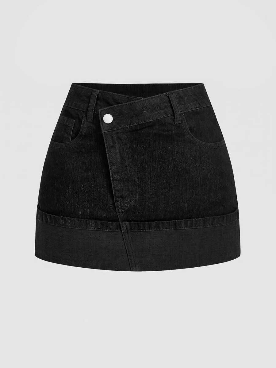 SHEIN MOD 女款不對稱腰頭口袋休閒牛仔裙 - 黑色 - 查看 1