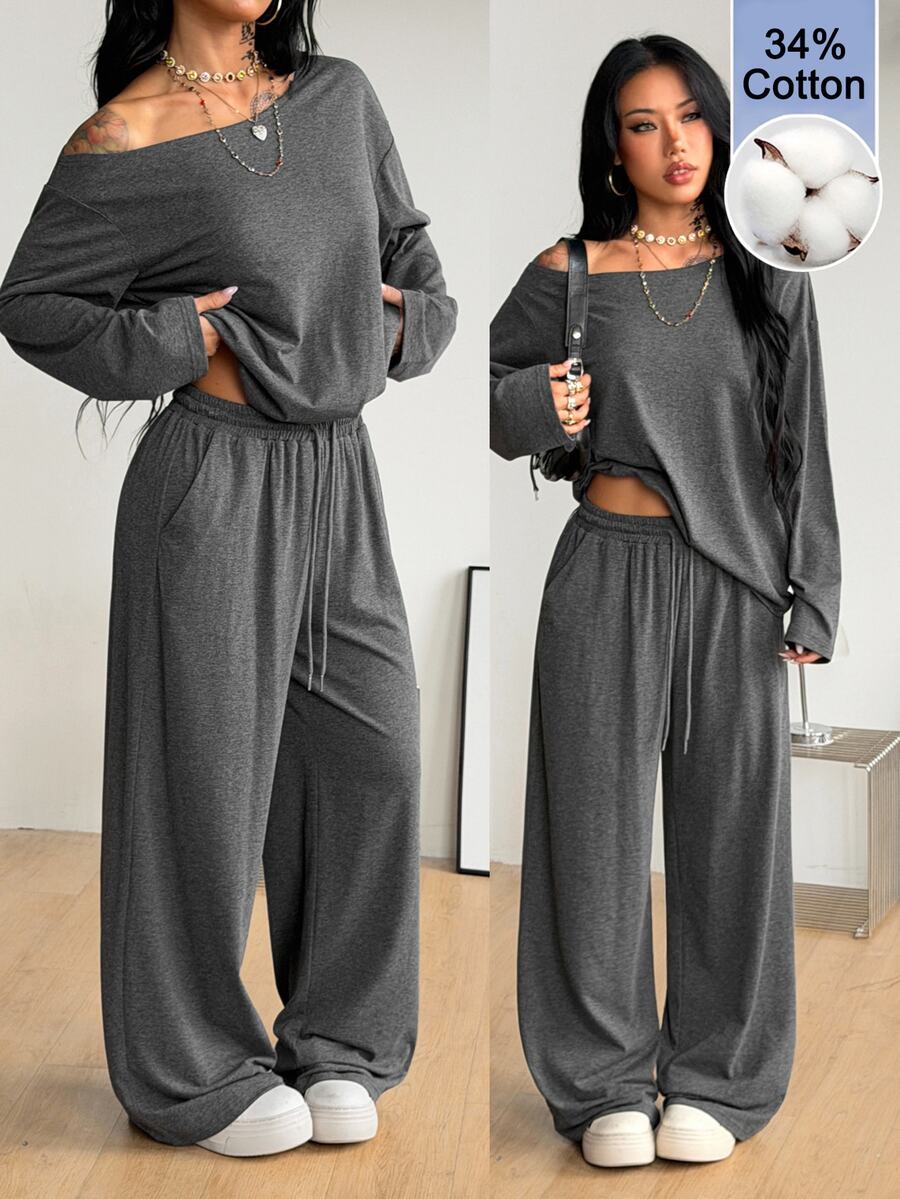 Coolane Women's Fall Winter Minimalist Streetwear Basic Daily Wear Going Out Sport Cold Shoulder T-Shirt And Wide Leg Sweatpants Cotton Grey 2 Pack - Dark Grey - View 1