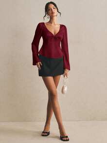 Poéselle Women's Solid Color Bowknot Decor Flare Sleeve Top - Burgundy - View 5