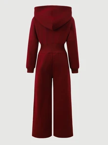 SHEIN 青少年女孩連身褲，酒紅色，休閒街頭風運動剪裁，日常穿著，時尚百搭，冬季舒適校園風 - 酒紅色 - 查看 2