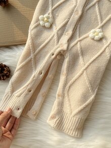 SHEIN 1pc Toddler Baby Girl Infant Chic Cable Knit Floral Ruffle Long Sleeve Jumpsuit Soft Thick Sweaters Jumpers Pull Fall Clothes Christmas Holiday Winter - Dusty Pink - View 7
