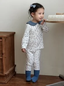 DAZY Infant Girl Peter Pan Collar Casual All-Over Print Long Sleeve Korean Style Loungewear - Blue and White - View 5
