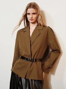 Aveloria Modichic Women's Loose Waist Belt Coffee Color Draped Drop Shoulder Double-Breasted Blazer - Coffee Brown - View 3
