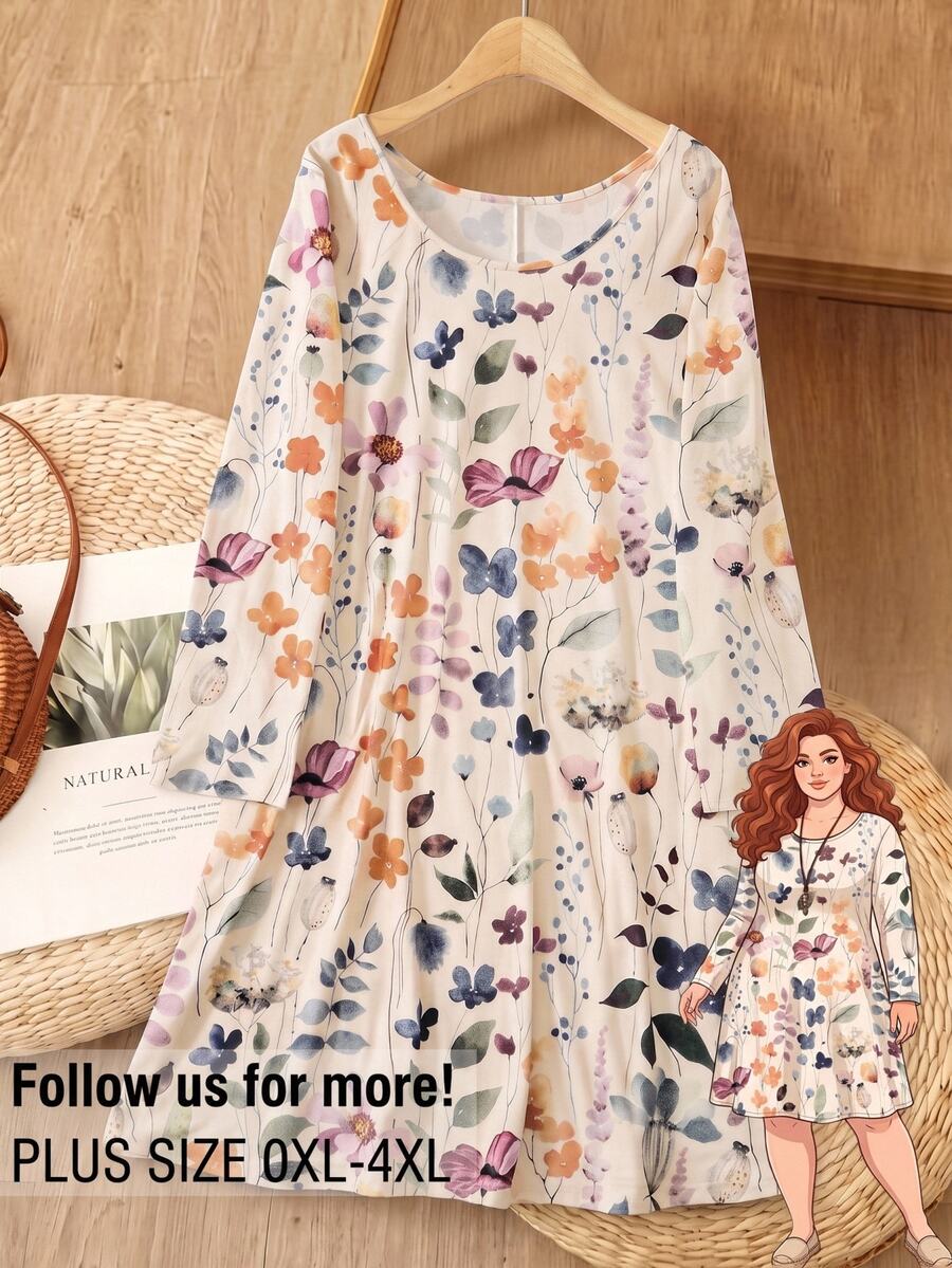 Rusticease Women's Plus Size Scoop Neck Long Sleeve Printed Dress Fall - Multicolor - View 1