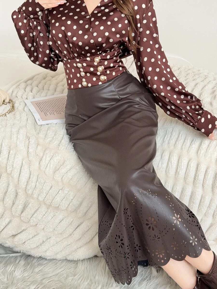 Feyla 女款法式波點印花仿珍珠鈕扣長袖襯衫 - 棕色 - 查看 1