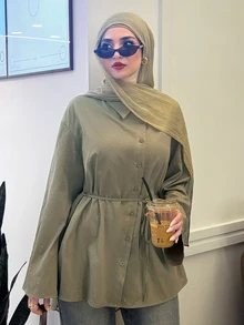 Solavon Women's Long Sleeve Knot Waist Belt Button Asymmetric Design Arab Style Blouse - Green - View 1