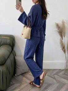 Solavon Women's Solid Color Long Sleeve Asymmetric Hem Top And Pants Arabic Clothing Set - Blue - View 5