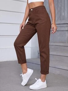 Slaydiva Plus Size Women Solid Color Fashion Casual Versatile Jeans - Coffee Brown - View 7