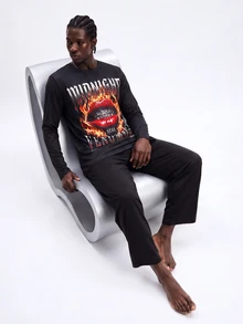 Rest Era Cartoon Print Round Neck Long Sleeve Long Pants Men's Loungewear Set - Black - View 6