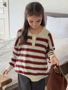 DAZY (Gadis Remaja) Sweater Longgar Berkerah Garis-garis Kasual Potongan Lurus Lengan Panjang Warna Kontras, Musim Gugur/Dingin - Aprikot - View 3