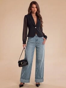 Bluhae Women's Black Mesh Patchwork Short Blazer Jacket, Sheer Mesh Petal Sleeve, Cinched Waist, Single Pearl Button, Commute Date Party Mature Style Cardigan, Spring Autumn - Black - View 3
