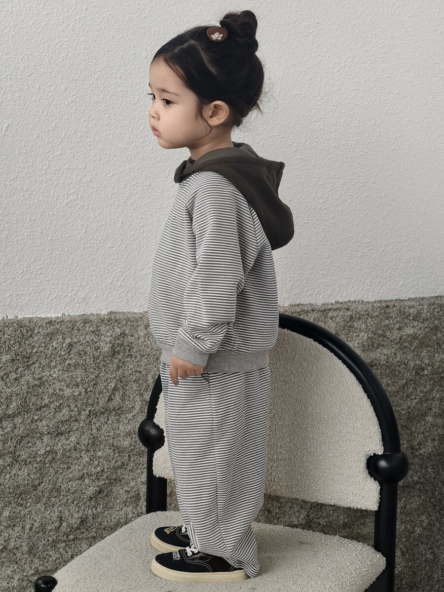 DAZY 嬰兒/幼兒(女童)連帽條紋長袖秋冬韓風 2 件式運動衫套裝 - 淺灰色 - 查看 1