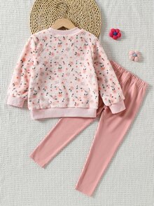 Young Girls Floral Hoodie & Sweatshirt Co-Ords, Autumn, Fall Tops Round Neck Long Sleeve Fuzzy Top Paired With Solid Color Pants - Pink - View 6