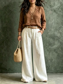 Linhara CURVE Women's Plus Size Faux Linen V-Neck Patchwork Lace Hollow Out Blouse Long Sleeve Loose Brown Shirt Fall - Brown - View 8