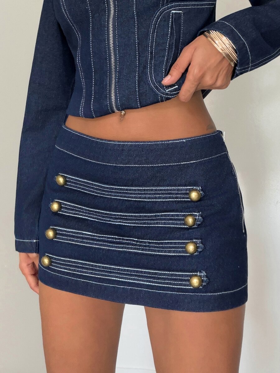 Jeanoix Y2K Women's Low Waist Button Decor Washed Denim Skirt - Dark Wash - View 1