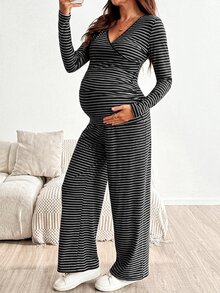 SHEIN 孕婦哺乳V領長袖上衣與長褲條紋兩件套 秋季 - 深灰色 - 查看 8