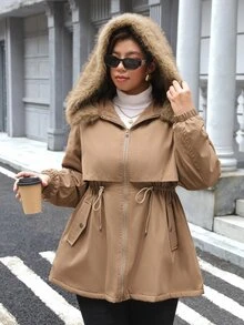 Comfylo Plus Size Women's Fur Collar Zipper Pocket Design Winter Jacket - Brown - View 6