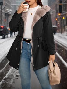 SHEIN CURVE+ معطف باركا شتوي مبطن بفرو تيدي مع خصر مشدود وغطاء رأس - الأسود - مشاهدة 8