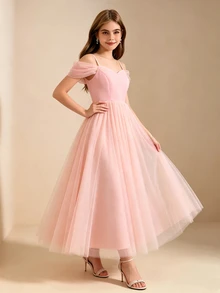 Four Seasons 畢業季婚禮花童優雅舞會禮服，學院風女童洋裝，粉色薄紗裙襬搭配亮面緞面細肩帶上衣，大女孩晚宴派對洋裝，女童開學時尚蓬蓬裙，假日公主裙 - 粉色 - 查看 5