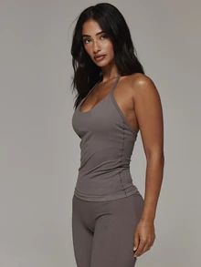 Musera Sport Scoop Front Seamless Logo Back Fitted Long Line Halterneck Active Coord Top Only Sport Essentials Basics Autumn Fall Winter - Grey - View 4