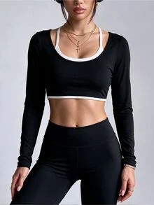SHEIN Sports 女款長袖圓領修身時尚運動短版T恤 - 黑色 - 查看 4