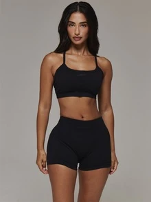 Musera Sport 3 Pieces Logo Printed Seamless Active Multipack With Sports Bra Dipped Back Mini Shorts And Active Legging Sport Essentials Basics Autumn Fall Winter - Black - View 1