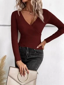SHEIN Clasi V-Neck Crossed Wrap Solid Color Long Sleeve Sweater In Fall/Winter - Burgundy - View 4