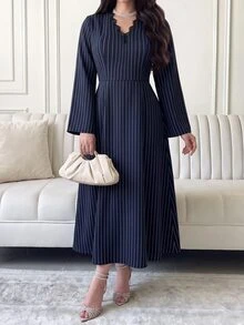 Feyla Women's Contrast Lace V-Neck Striped Long Sleeve Elegant Mid-Length Dress - Navy Blue - View 5