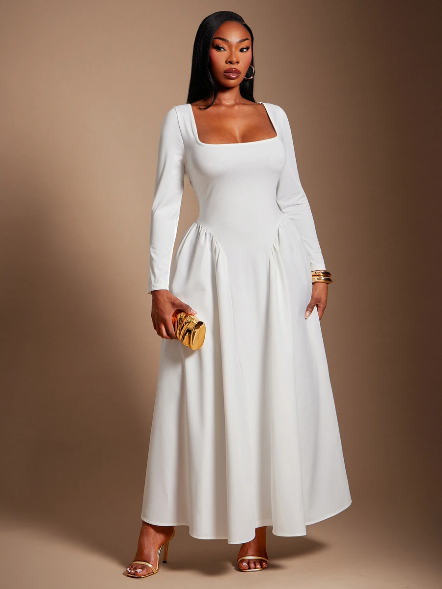 SHEIN SXY White High Elasticity Knitted Square Neck Long Sleeve Ruched Slim Fit Flared Dress Fall Cocktail Party Elegant Celestial - White - View 1
