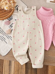 SHEIN 女嬰通用幼兒 0-3 歲 春秋款愛心印花粉色燈芯絨吊帶褲套裝，附胸前口袋，休閒版型，適合外出與休閒穿著 - 杏色 - 查看 1