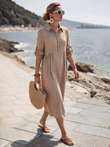 EMERY ROSE Women's Striped Rolled Cuff Button Half Placket Mid-Length Shirt Dress - Brown - View 4
