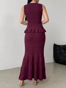 Modelyn Setelan Dua Potong Wanita Musim Gugur/Dingin Elegan, Atasan Tanpa Lengan dengan Hiasan Rumbai di Bagian Bawah dan Rok Model Duyung - Berwarna merah muda - View 2