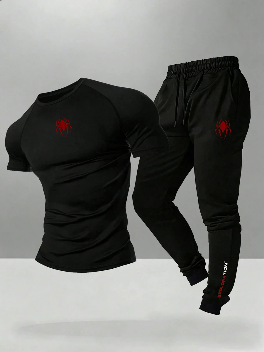 Gym Rark Bộ đồ thể thao nam gồm áo cổ tròn tay ngắn họa tiết nhện và quần dài dây rút - màu đen - Xem 1