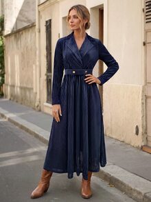 Faunlyn Women's Vintage Elegant Waist Button Decor Striped Print Long Sleeve Midi Dress - Blue - View 7