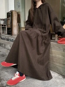 DAZY Women's Casual Hooded Long Sleeve Midi Dress - Brown - View 3