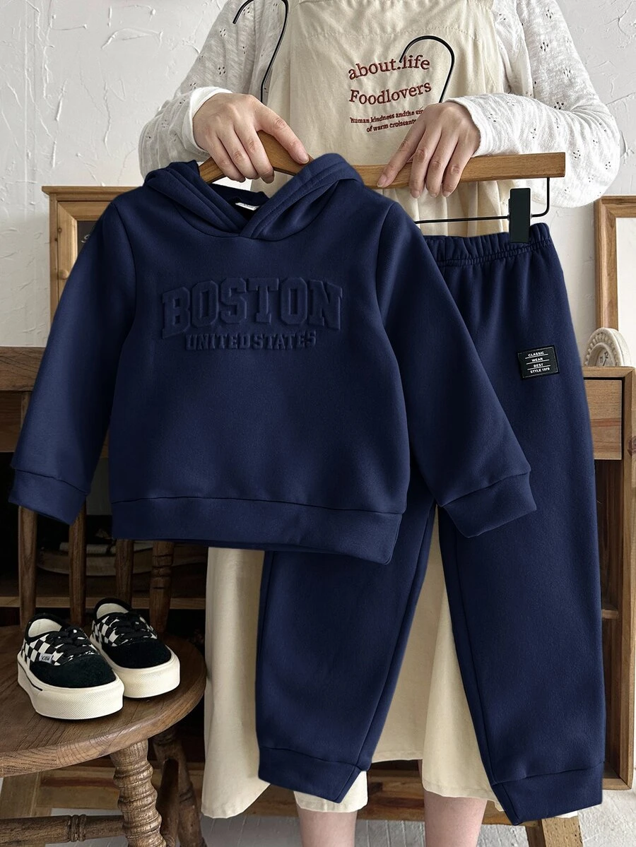 Bubblio Kids Young Boy Casual Style Loose Fit Letter Pattern Hooded Sweatshirt,Elastic Waist Long Autumn Pants Set,Back-To-School,School,Summer,Outdoor ,Party - Navy Blue - View 1
