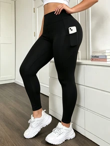 SHEIN Sweetro Women's Plus Size Solid Color High Waist Casual Daily Wear Sports Tight Leggings - Black - View 3
