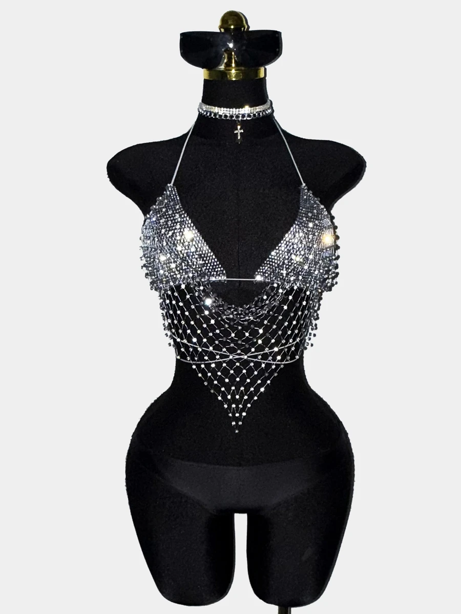 EgrlEra Petite Women's Fishnet Rhinestone Spaghetti Strap Strap Top, Rhinestone Embellished Sparkling Design Perfect For Bar, Party, Club Outfits - Dark Grey - View 1