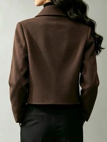 SHEIN Women's Commuter Street Minimalist Fashion Casual Versatile Brown Lapel Double-Breasted Bronze Button Long Sleeve Napoleon Style Overcoat, Suitable For Outings, Gatherings With Friends, Home, Shopping, Entertainment, Work And More, All-Match Style With Comfortable Fabric, Unique Design, High Cost-Performance, Suitable For Spring, Autumn And Winter - Brown - View 3